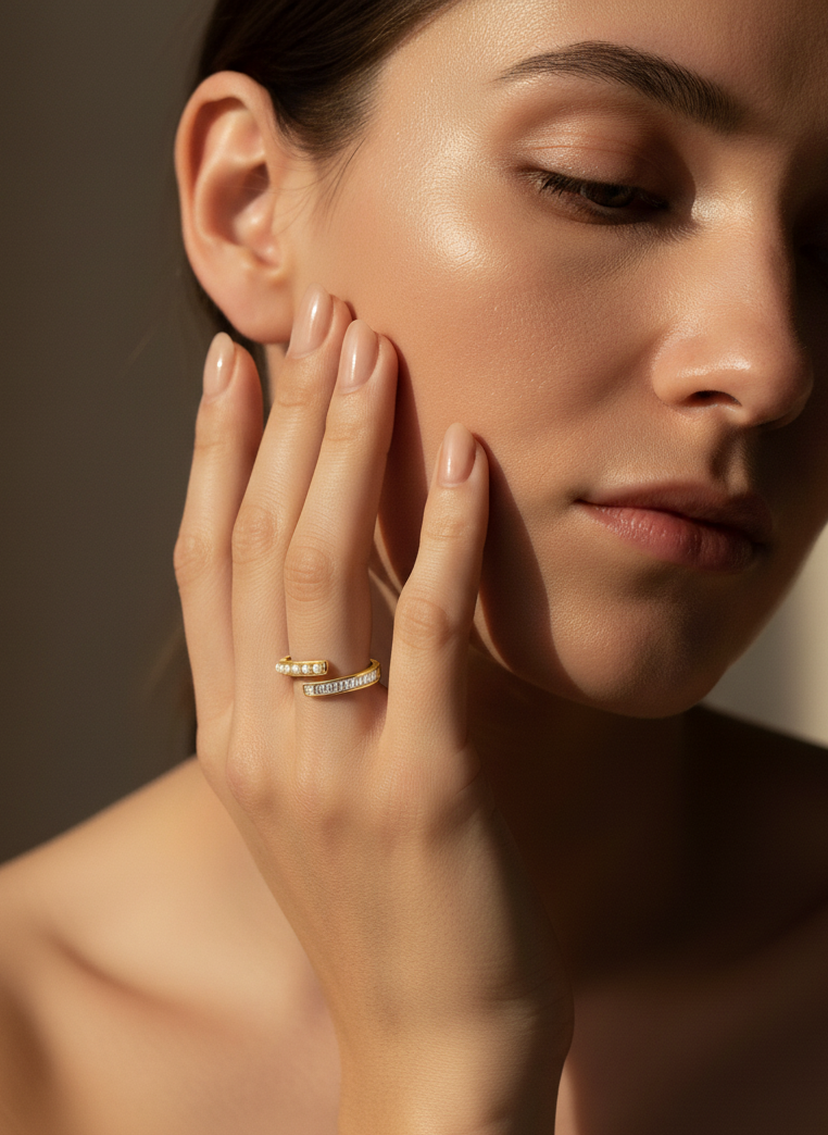 Lune Open Adjustable Ring – Pearl & Zirconia, 18K Gold Vermeil on 925 Silver