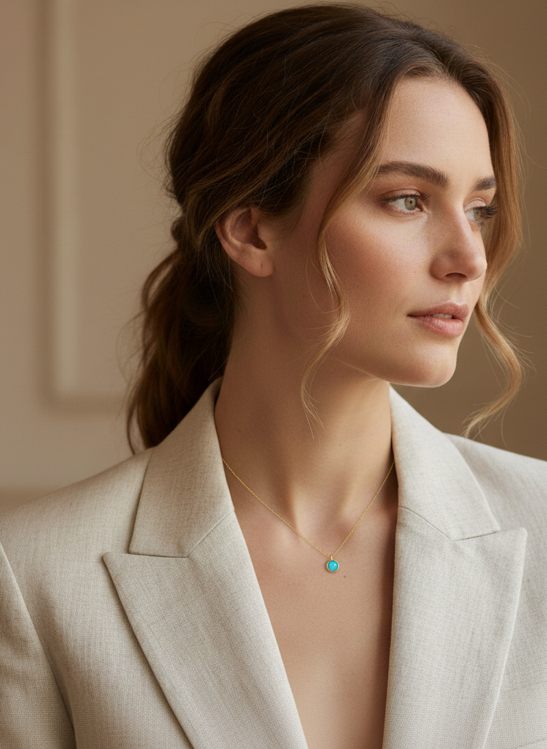 Turquoise Pendant Necklace – 925 Silver with 18K Gold Plating, Adjustable Chain