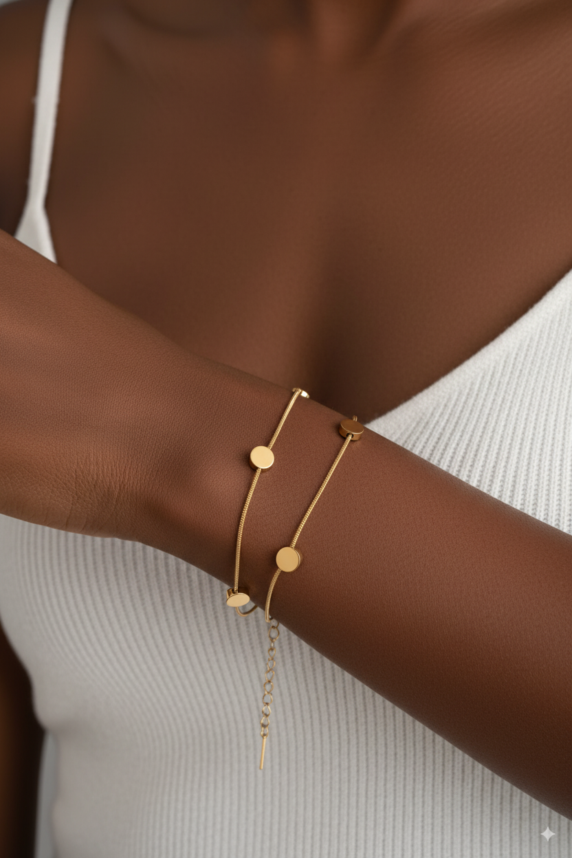 Minimalist Gold Disc Double Chain Bracelet – Stainless Steel, 18K Gold Plated