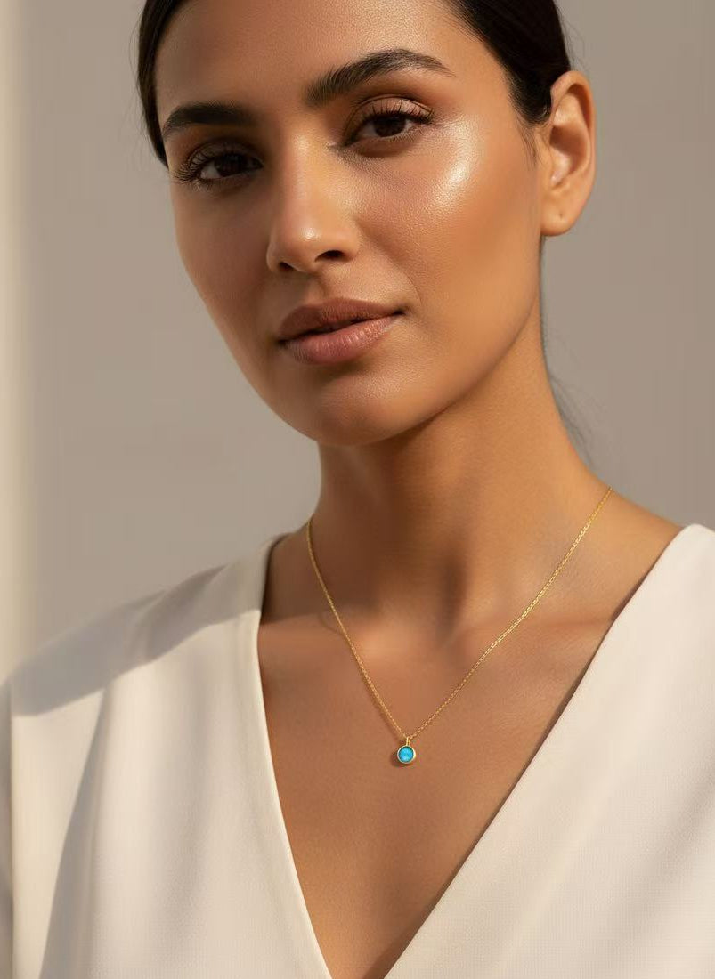 Turquoise Pendant Necklace – 925 Silver with 18K Gold Plating, Adjustable Chain
